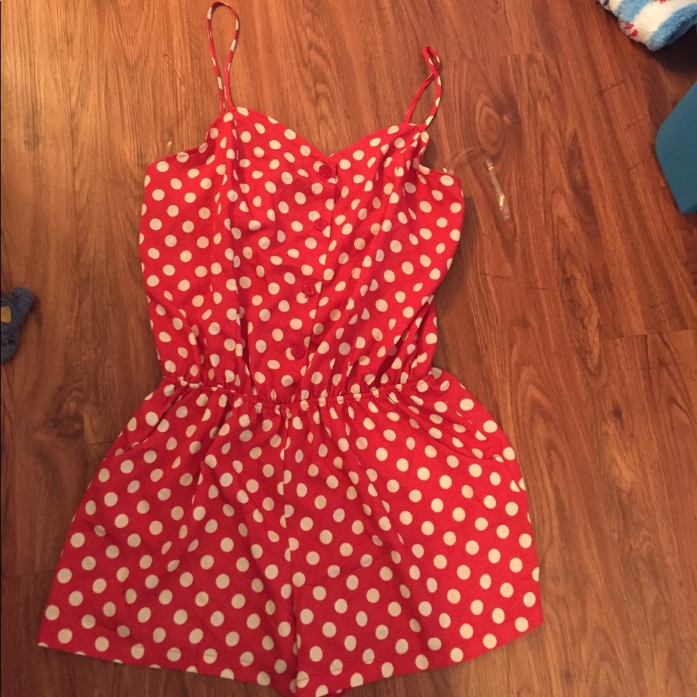 Red and white polka dot romper