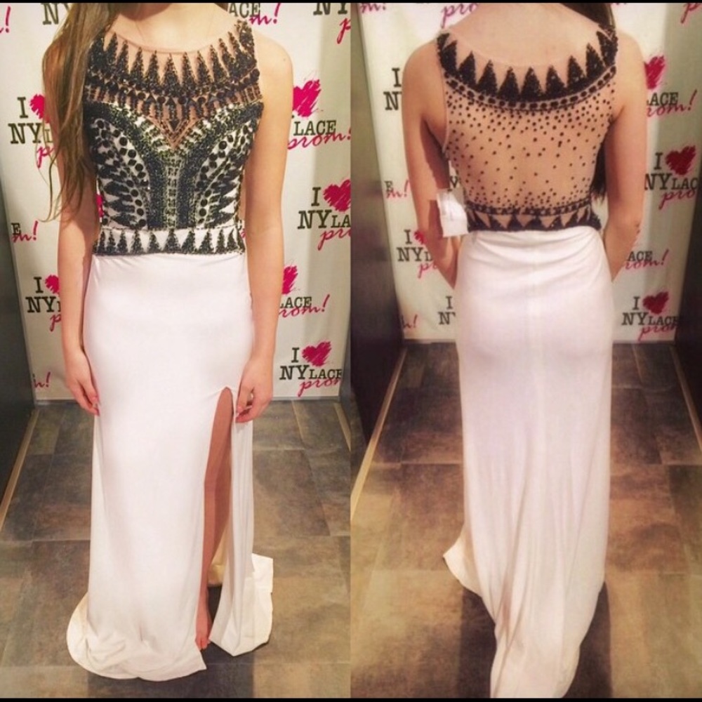 Beaded Black and White Jersey Prom Dress
