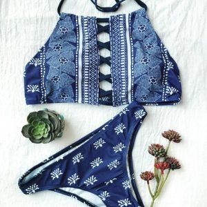 Blue Criss Cross High Neck Bikini