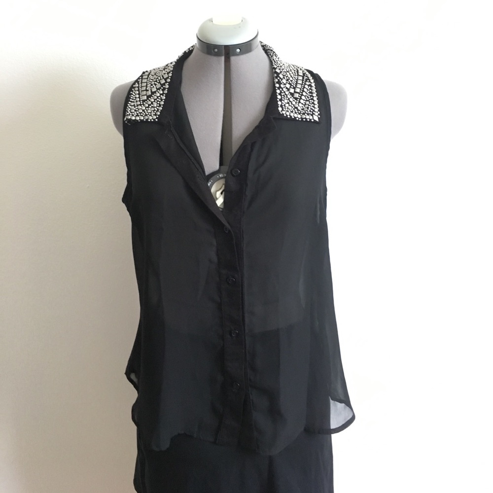 Studded Sheer Black Sleeveless Blouse