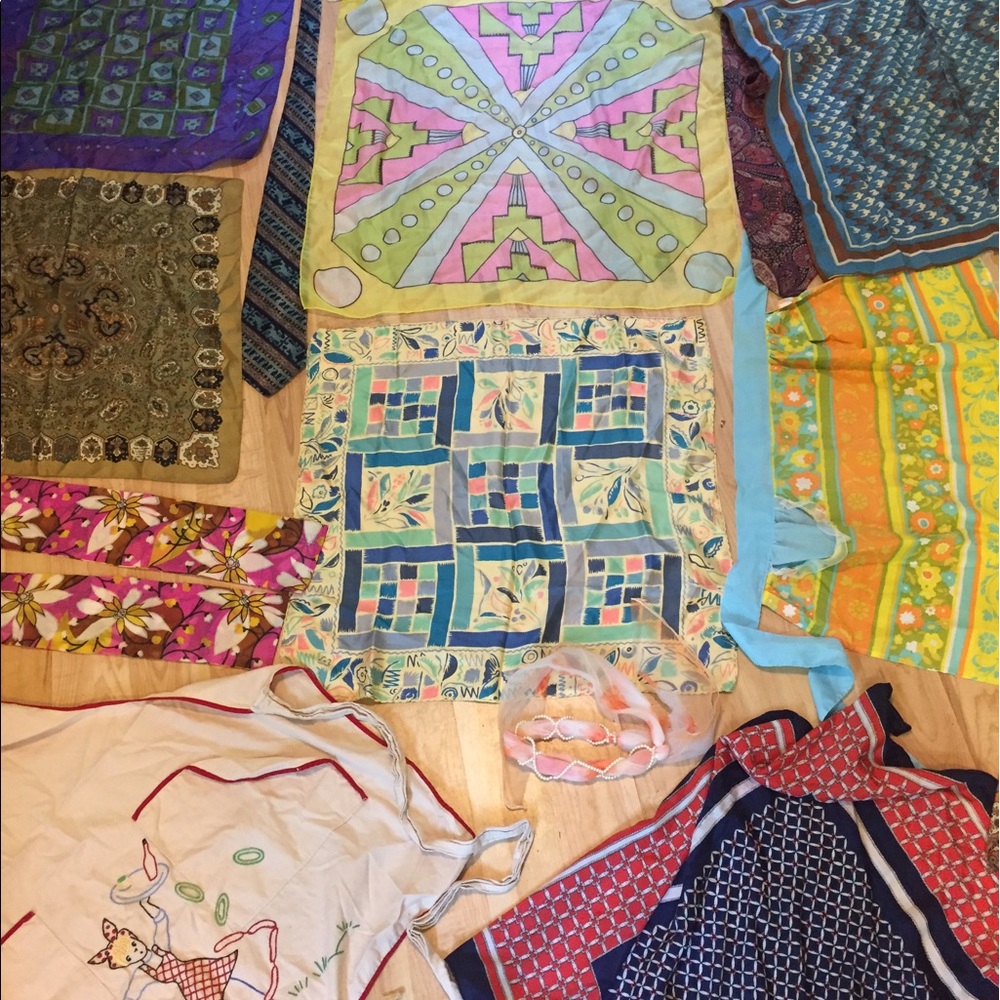 Lot of 30 Vintage and Modern Scarves, Ties, Aprons