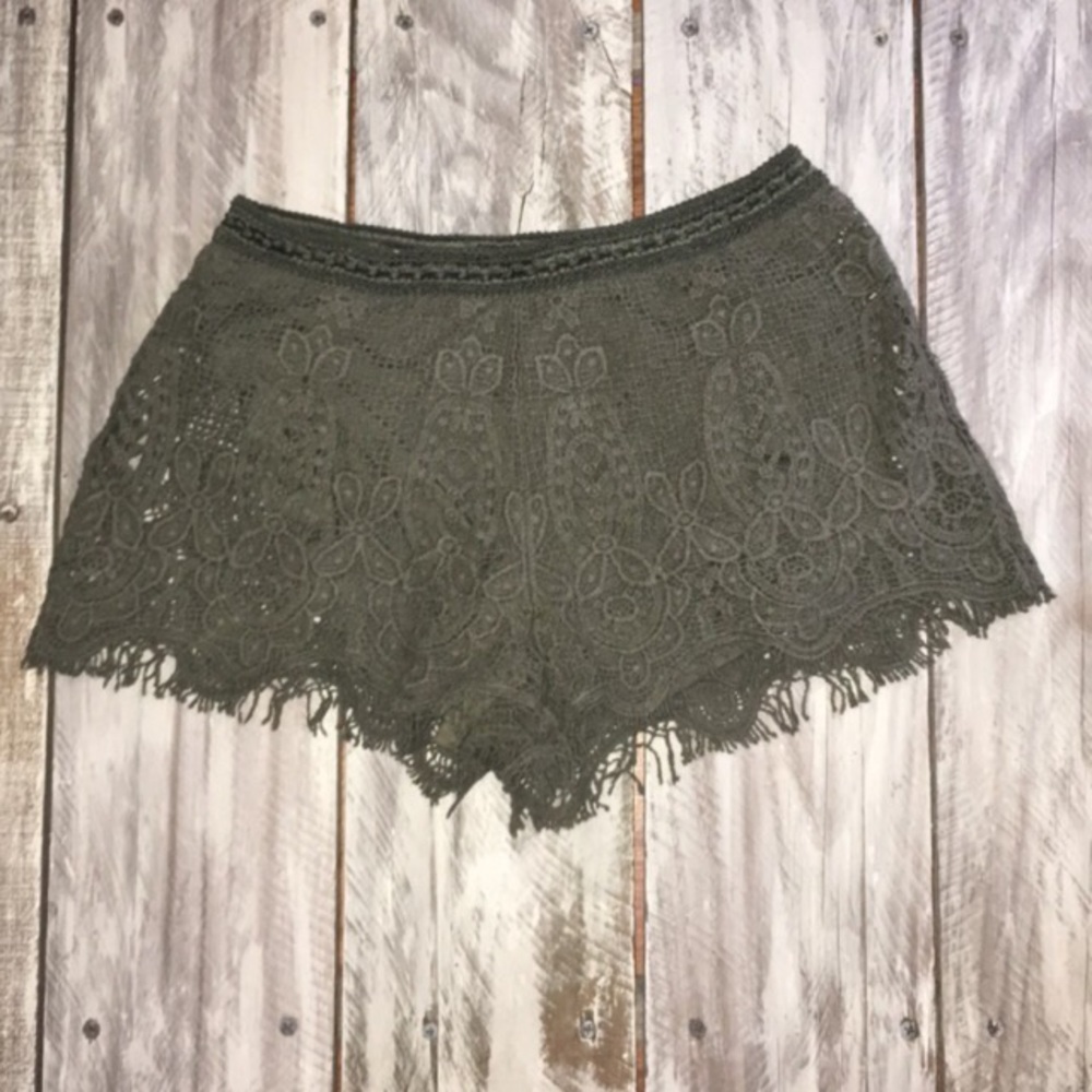 Olive Green Crochet floral  soft shorts