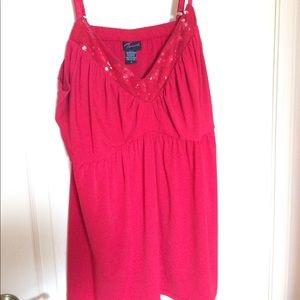 Red babydoll tank with sequin neckline