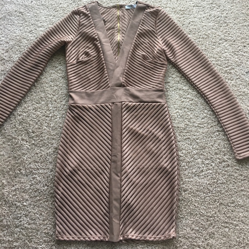 Fashion Nova Deep V Mocha Dress -M