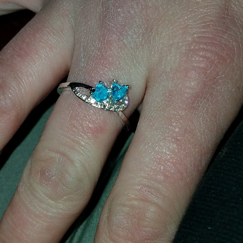 Blue and white topaz double heart ring