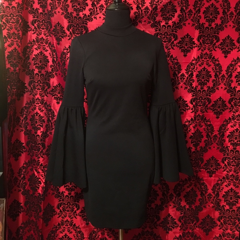 Black Wide Flute Sleeve Mini Dress