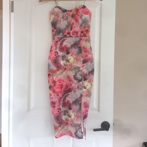 Coral, Floral Print, Strapless, Padded Midi Dress