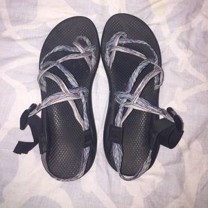 Purple and turquoise double strap Chacos