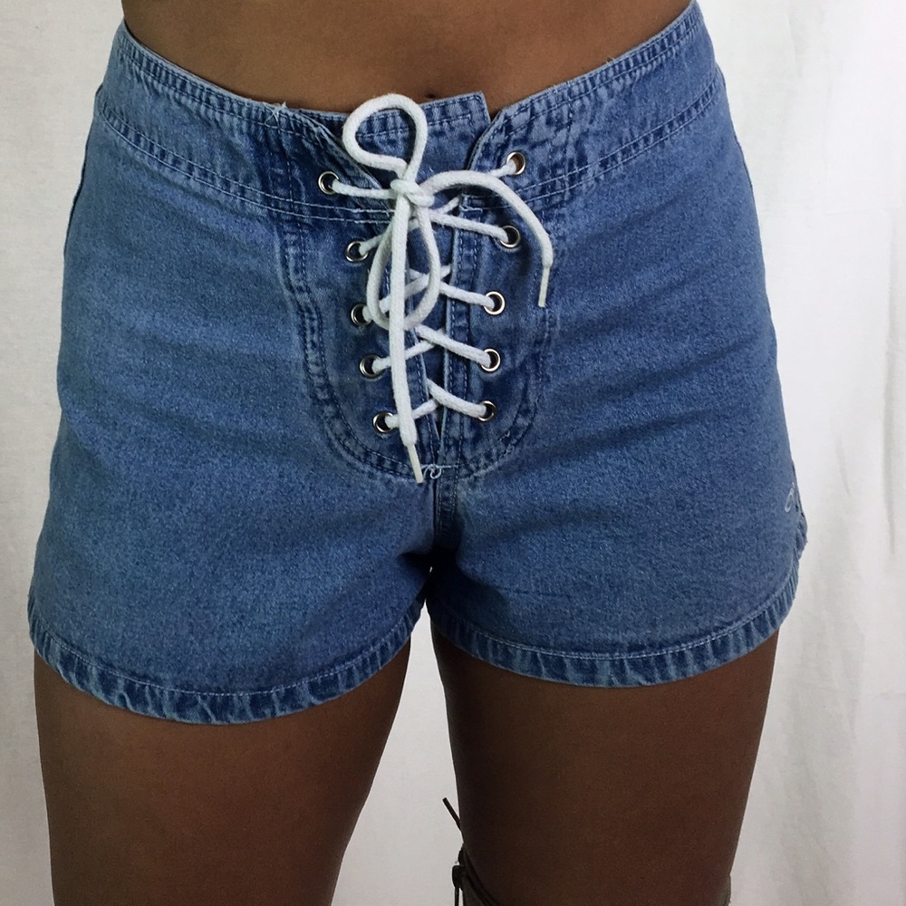 80s Vintage denim Lace up shorts OP 27" waist S