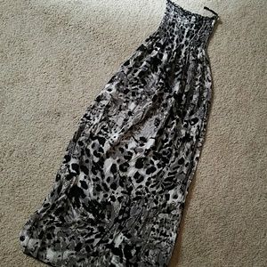 White and black leopard print strapless maxi dress