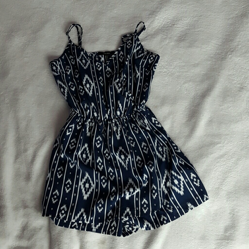 Blue and white tribal print romper