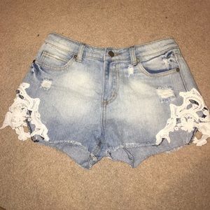 Denim-lace shorts
