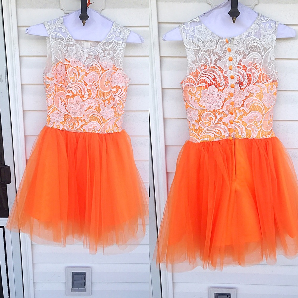 Short lace tulle orange prom homecoming dress
