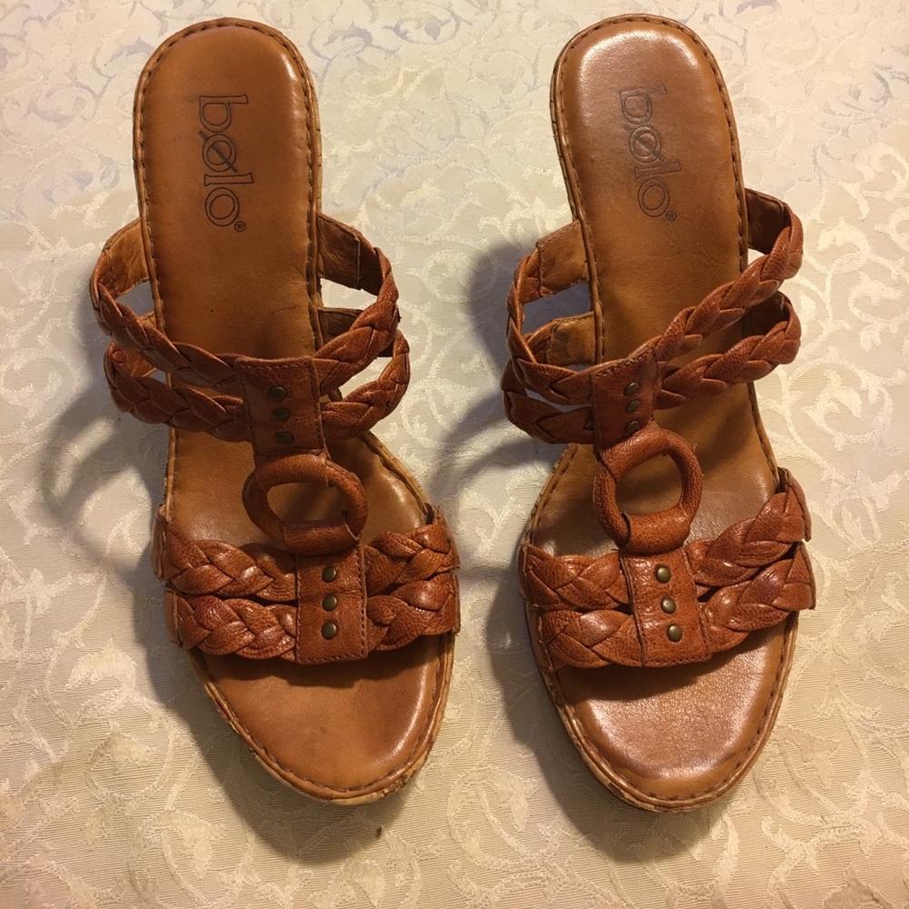 Bolo brown woven cork heel wedges