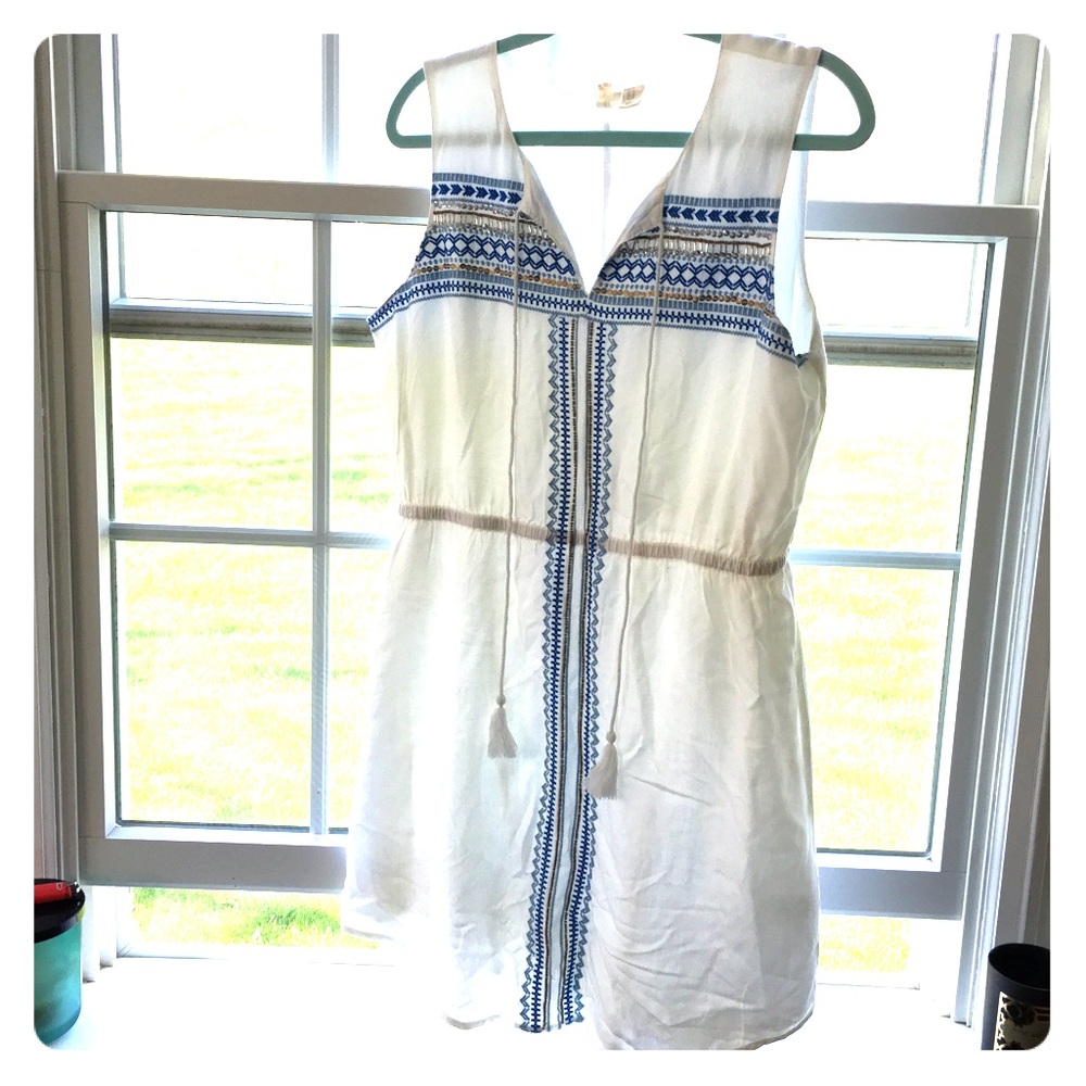 White summer dress ,beading and blue crochet