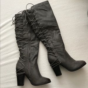 Gray laced back knee high boots