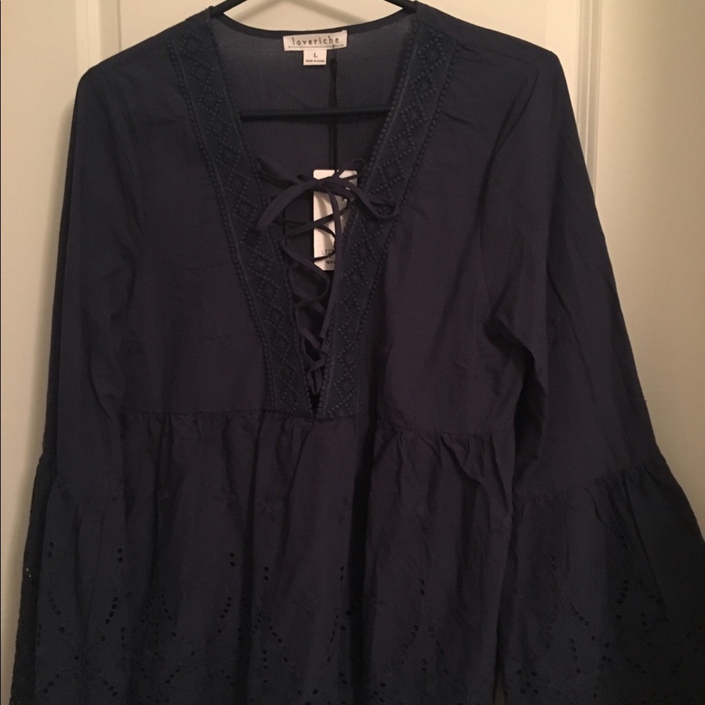 Boho lace up, navy embroidered top