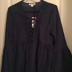 Boho lace up, navy embroidered top