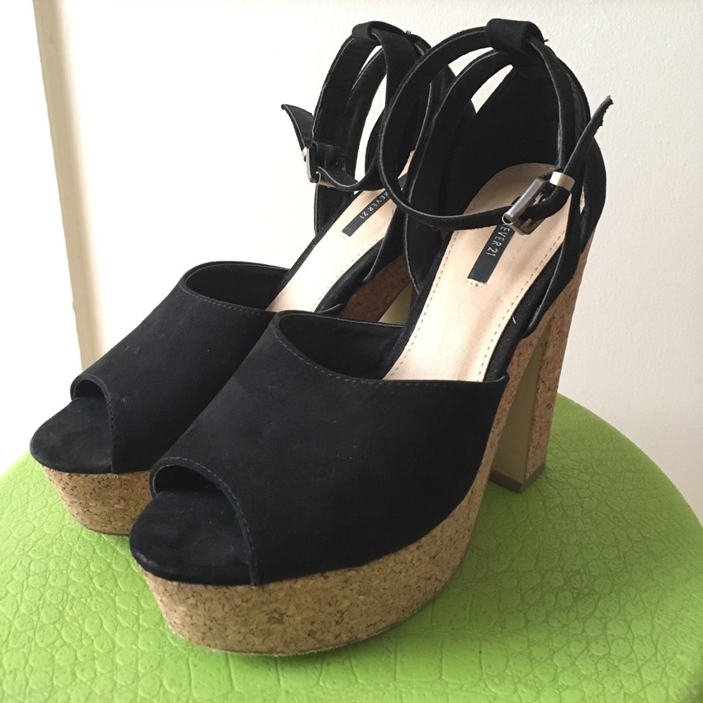 Black Suede Platform Cork Heels