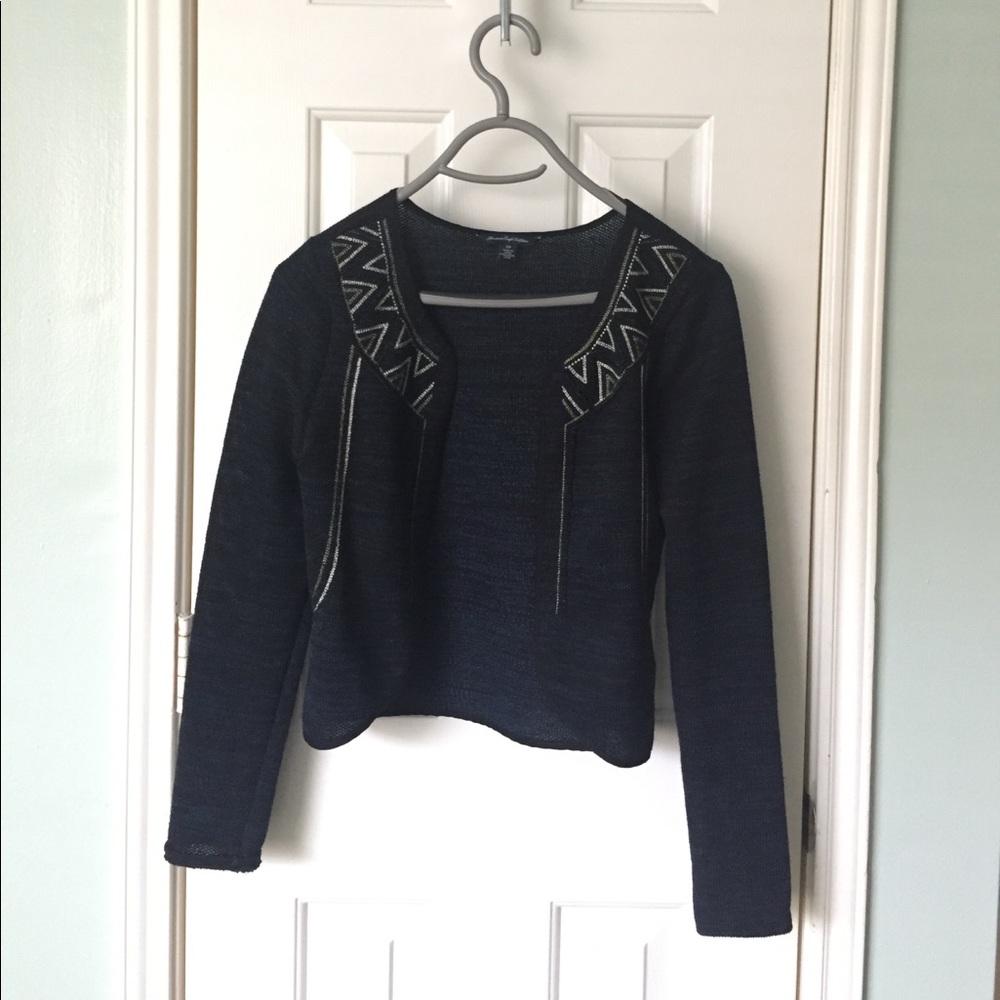 Knitted blue/black cardigan w/gold and silver