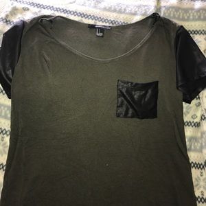 Forever 21 Green T Shirt With Leather Sleeves