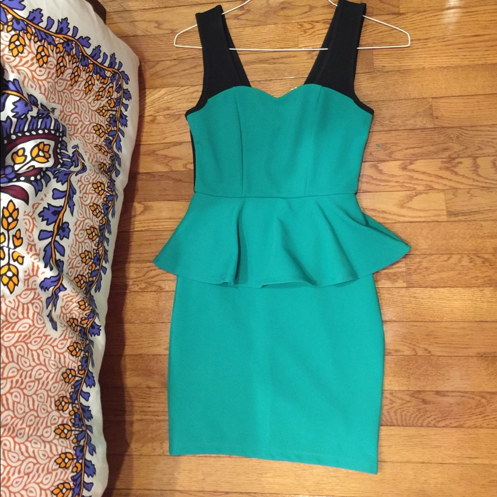 Black, turquoise peplum dress.
