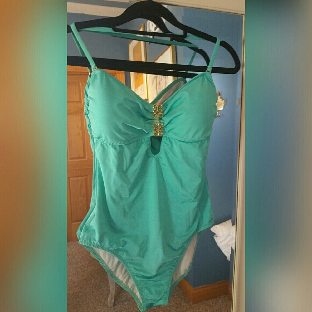 Trina Turk seafoam halter keyhole swimsuit - L
