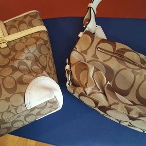 Brown coach small satchel and brown striped tote b