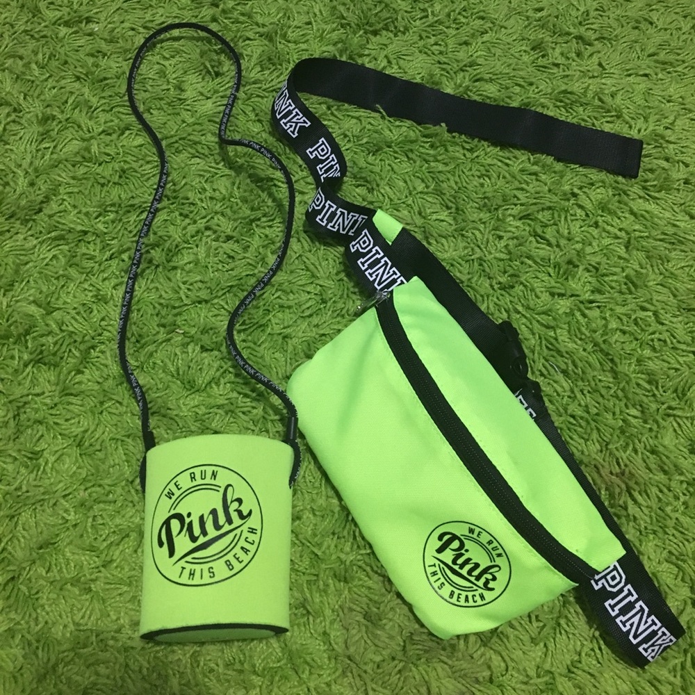 PINK green koozie and fanny pack