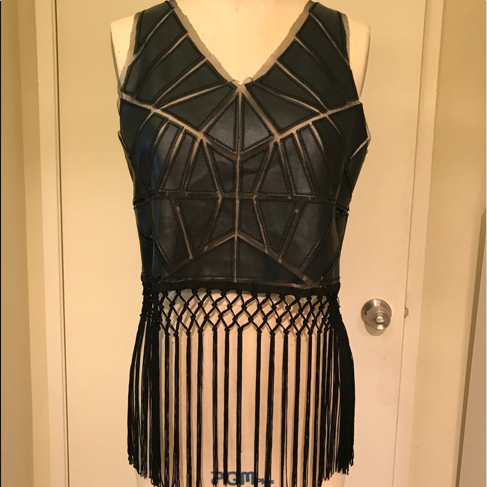 Patchwork leather crop top with fringe