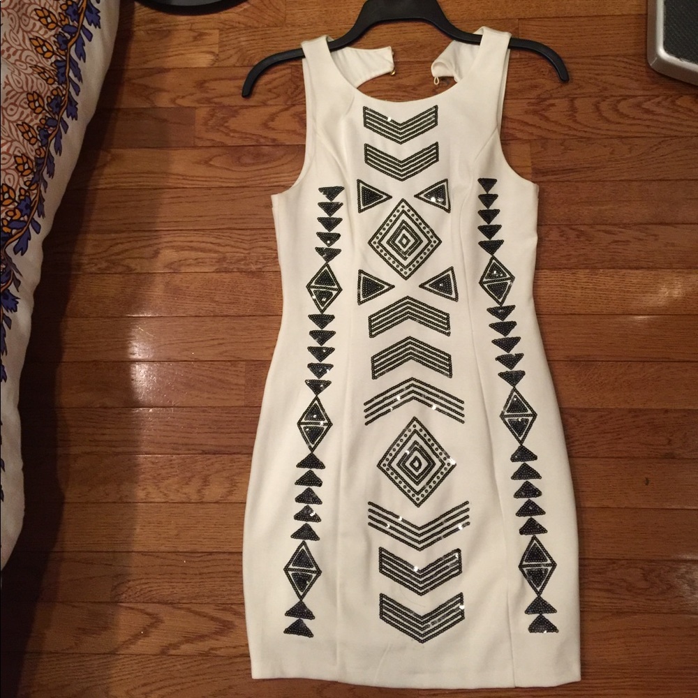 White, black Aztec print dress