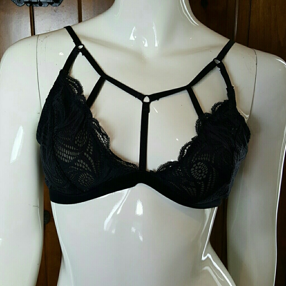 New Black Bralette cut out caged  strappy floral - Picture 4 of 4