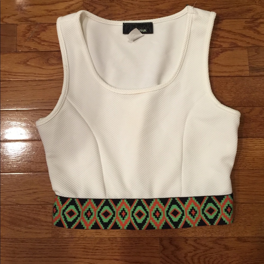 White crop top, with Aztec bottom border.