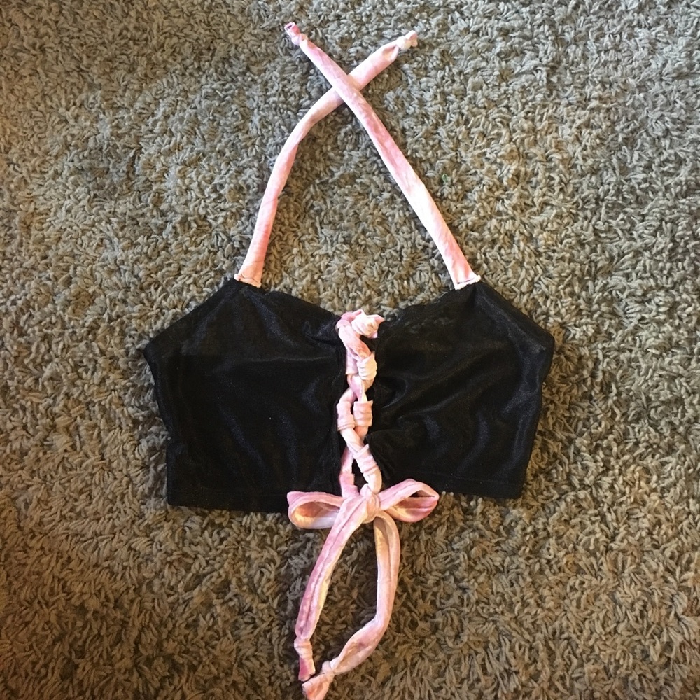 Black mesh halter top with pink velvet laces