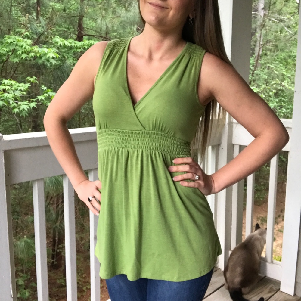Green Empire Waist Sleeveless V Neck Tie Back Top