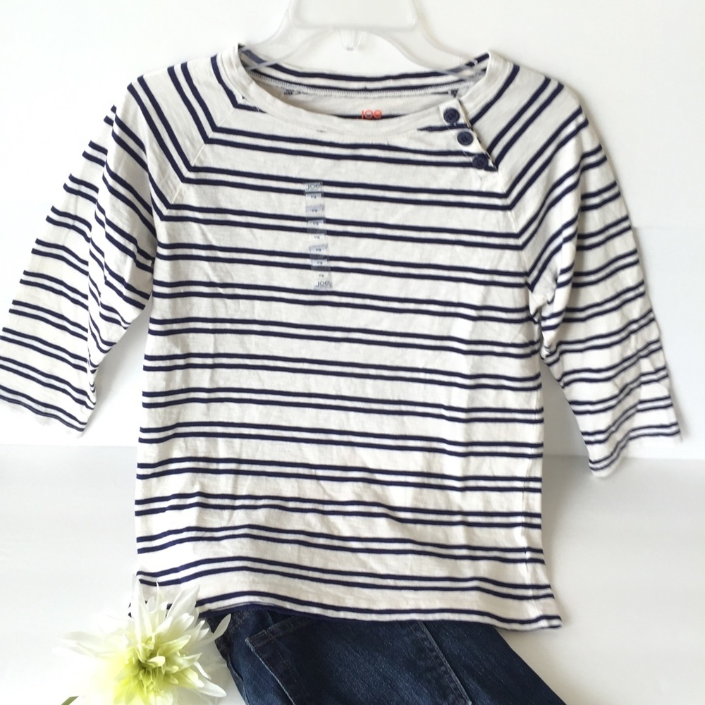 Joe Fresh navy and white striped shirt.