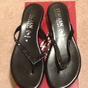Italian black leather sandals with black gems