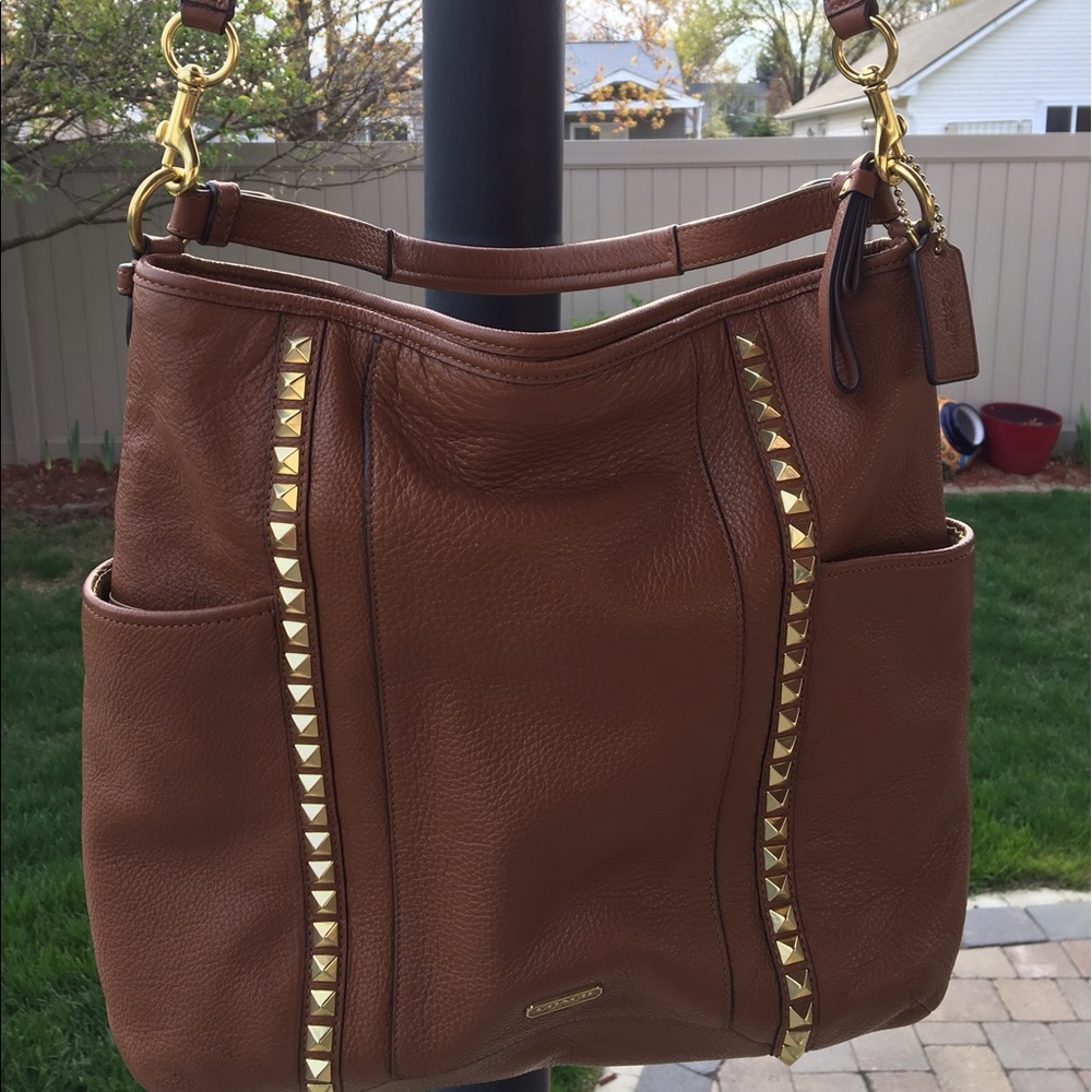 Coach tan leather gold studded hobo