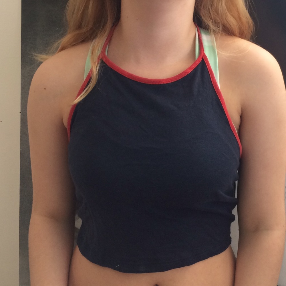 BLUE HALTER WITH RED LINING