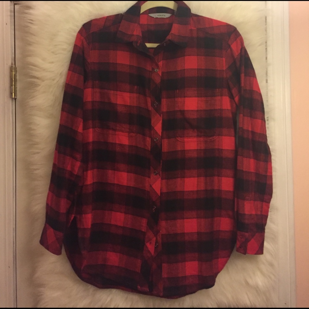 Athleta cute red plaid flannel tunic shirt size xs