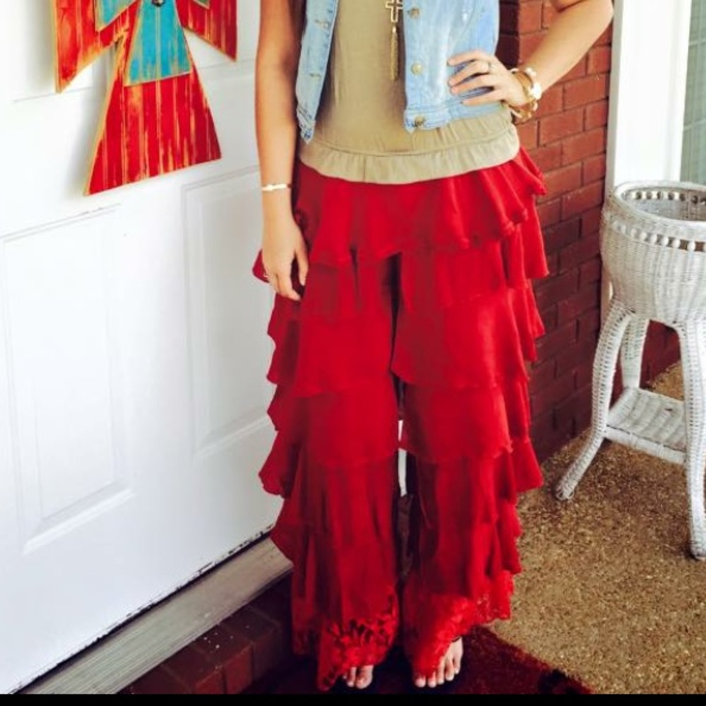 Red fringe boutique pants