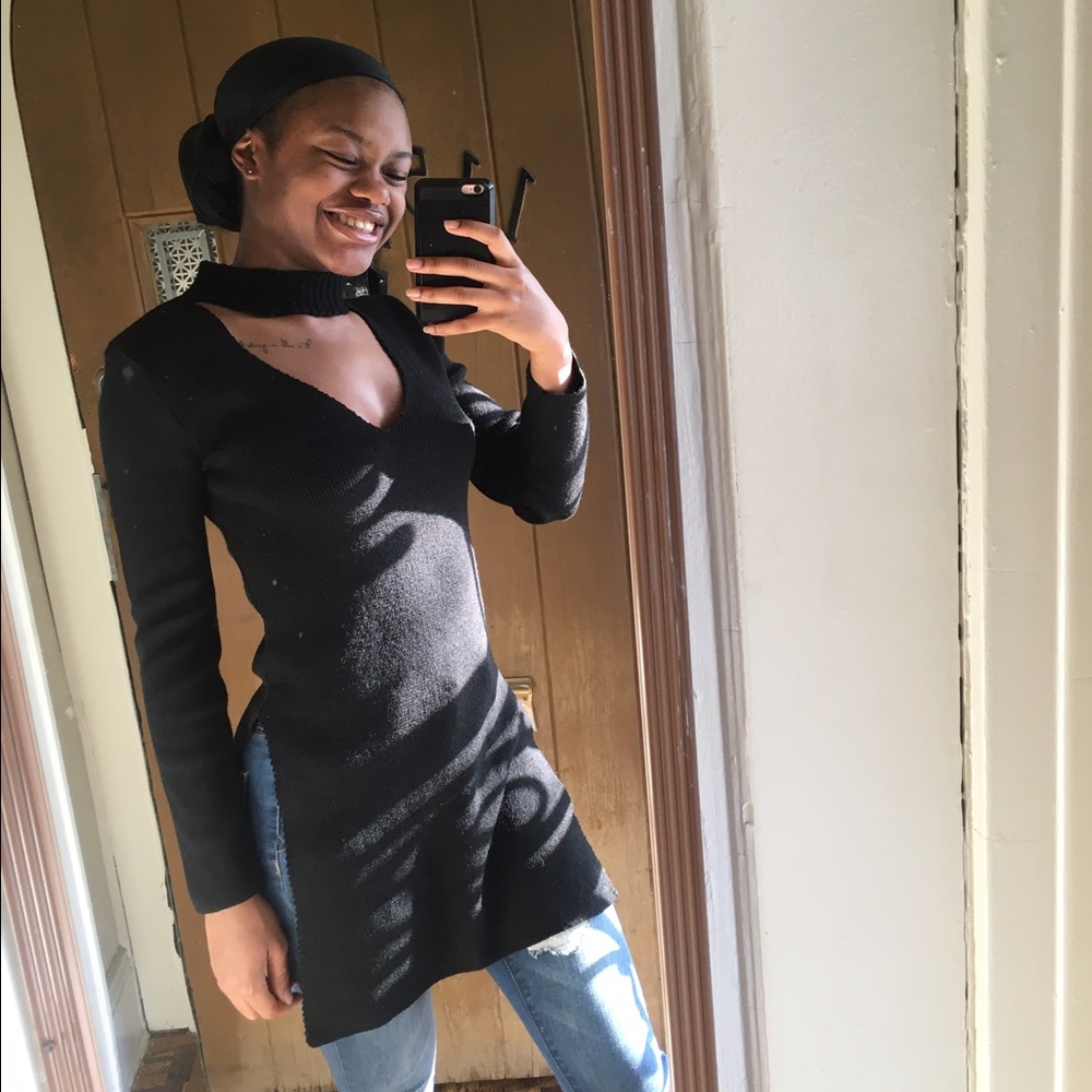 Black Choker Deep V Slit Sweater