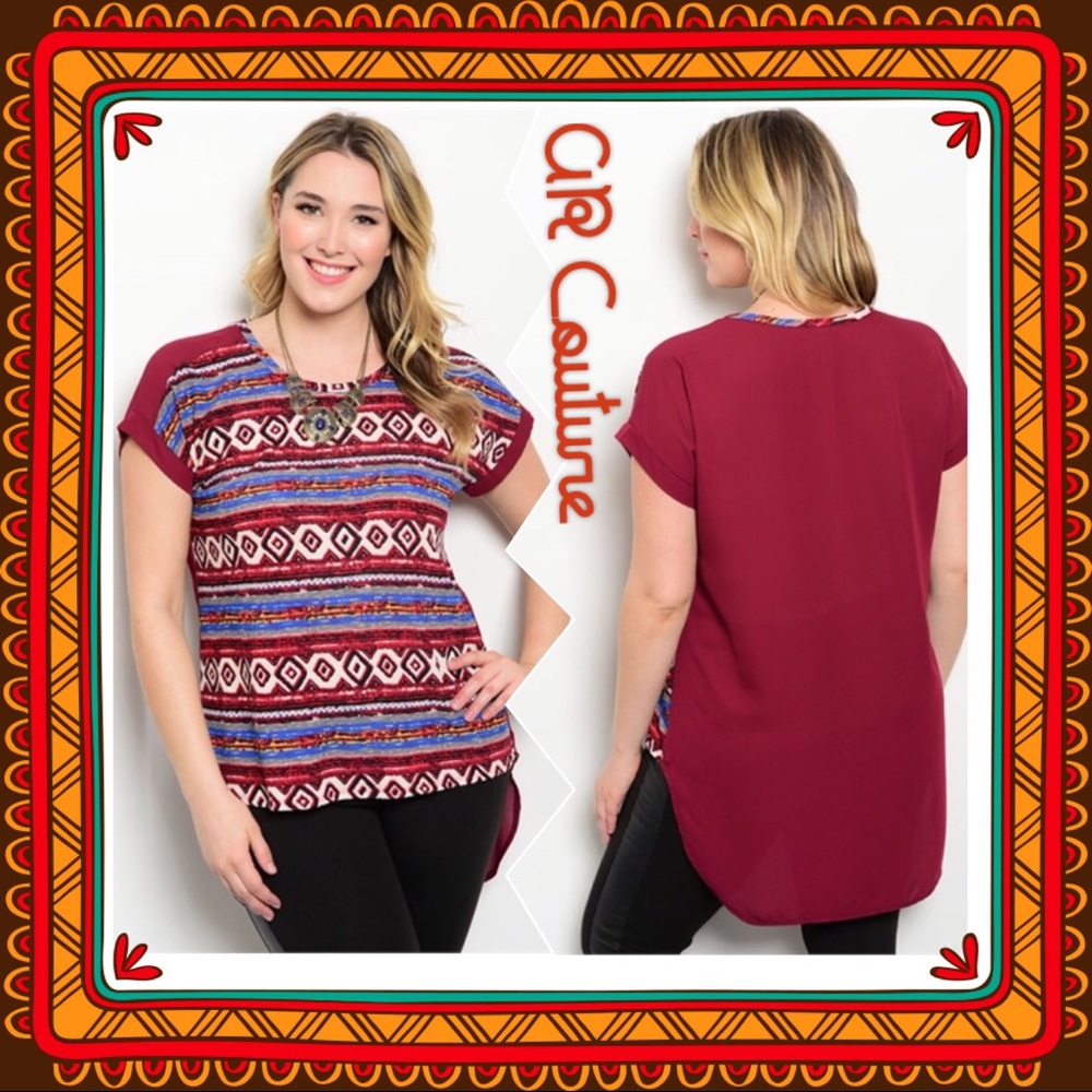 Burgundy Tribal Print Plus Size Top