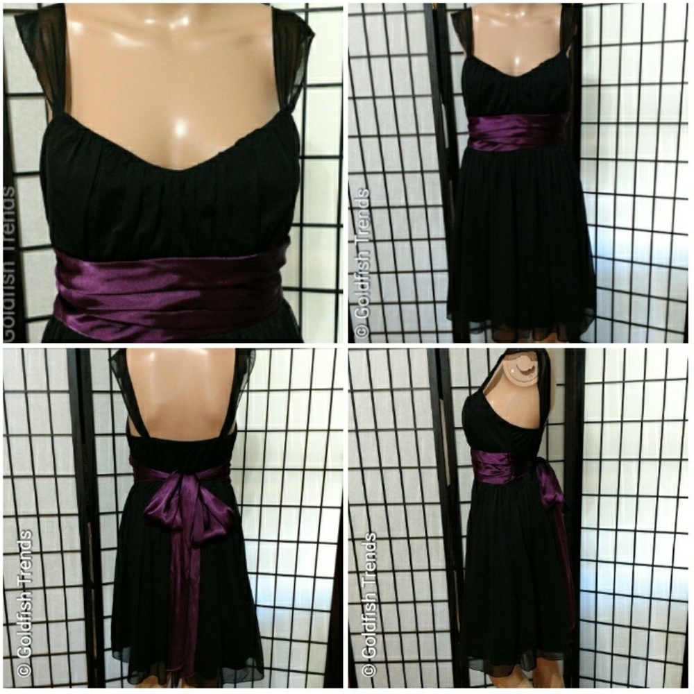 Black flowy dress, purple ribbon waist