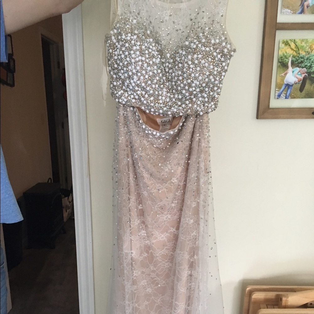 Long tan, laced two piece dress - prom/formal