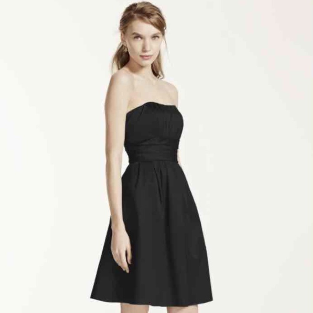 David's Bridal strapless black dress.