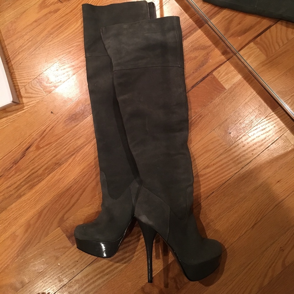 Gray over the knee heel boot