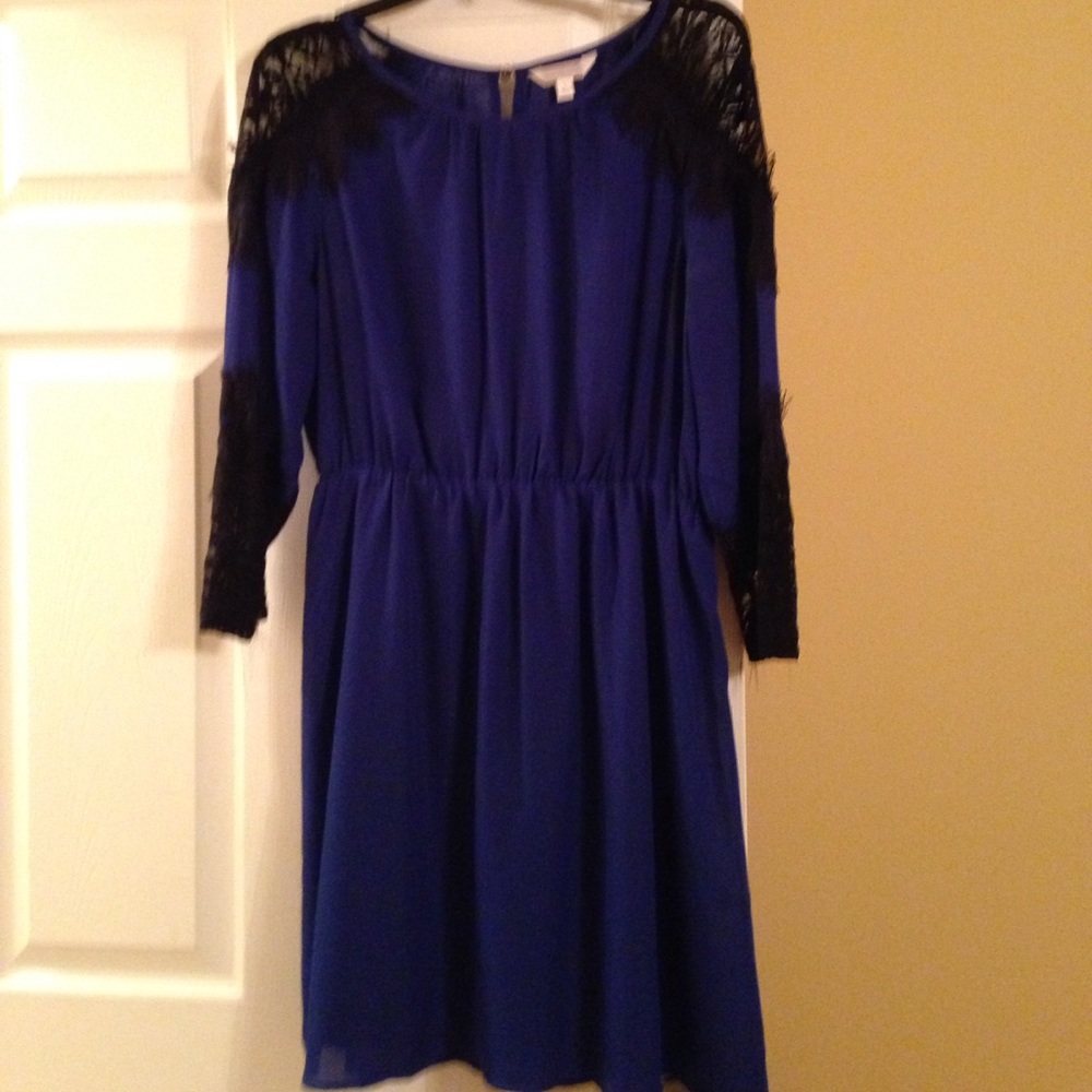 Royal blue dress with black lace.