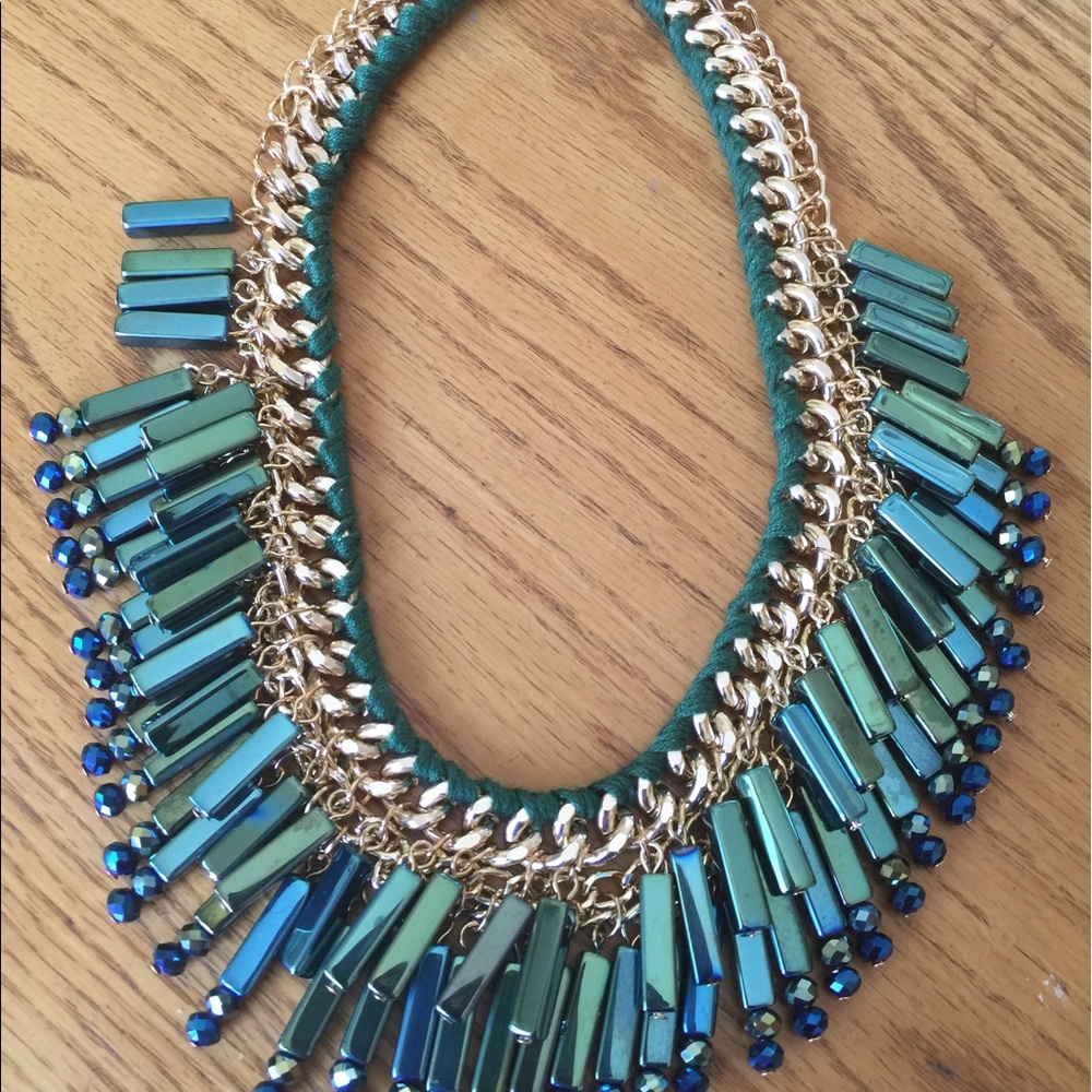 Beautiful bead teal bib choker statement necklace