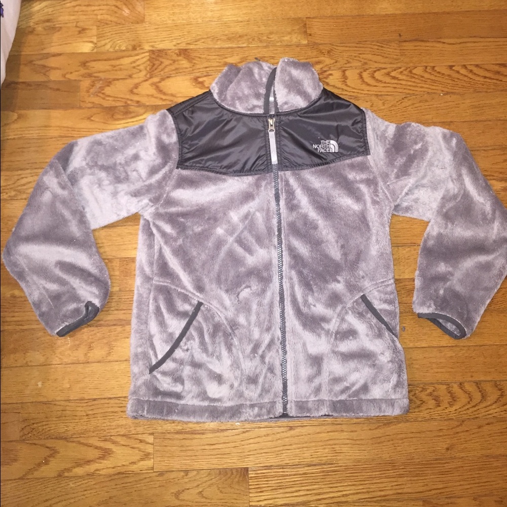 Grey, North Face jacket.